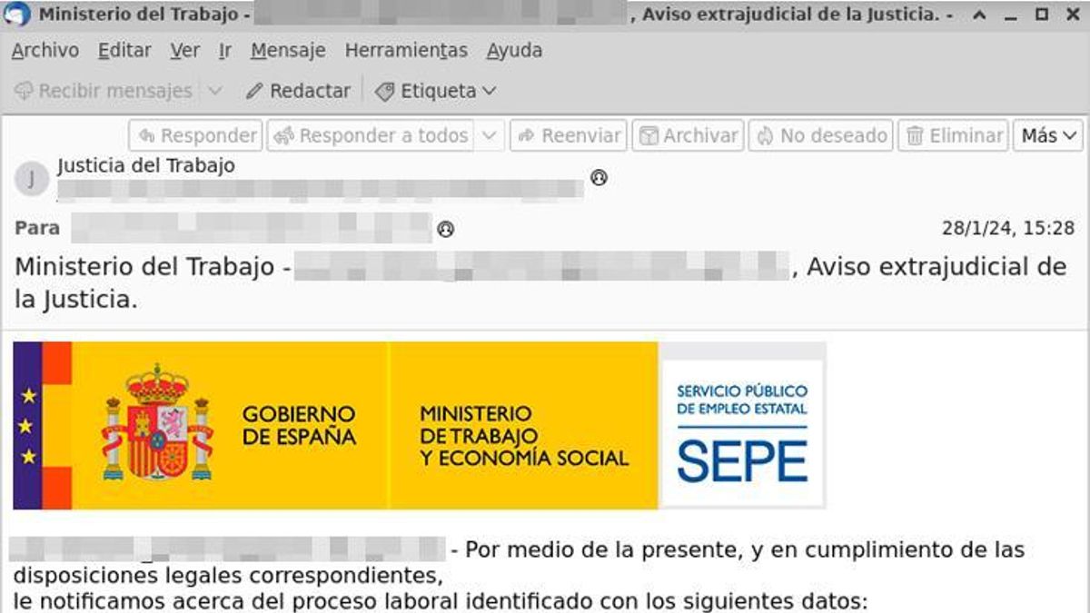 Mensaje a través del cual llega el virus al correo electrónico