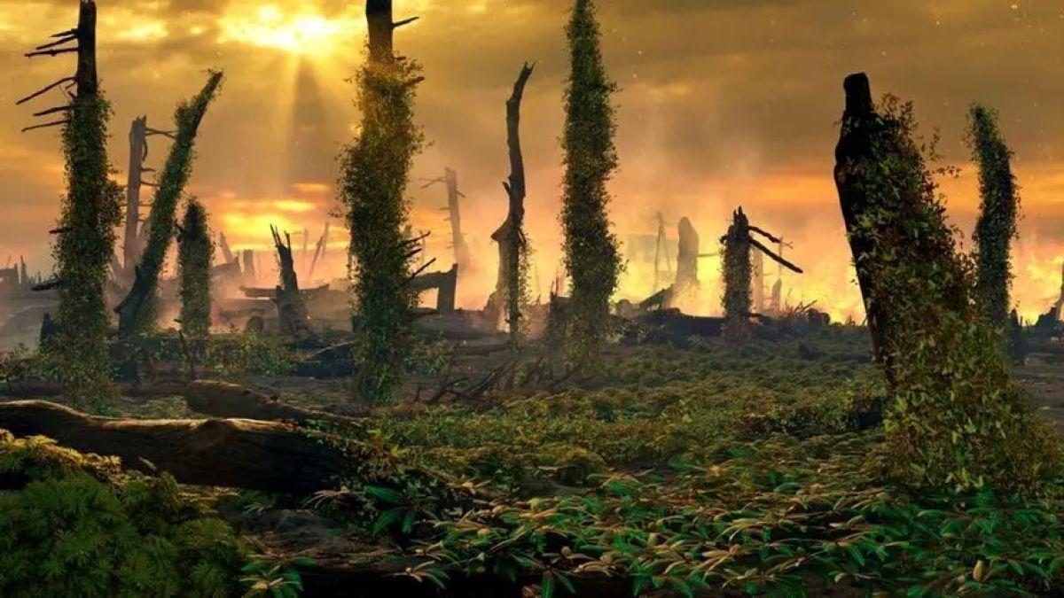 Recreación artística del intervalo de espigas de helechos del final del Triásico. Los helechos invasores y pioneros invadieron los suelos alterados y los restos de bosques de conífera, prolongando las llamas durante milenios.