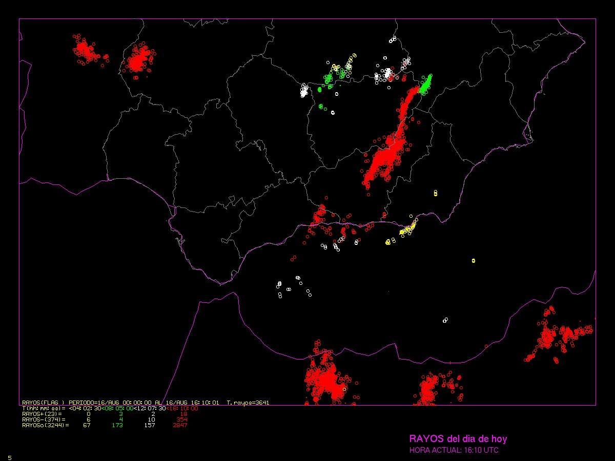 Rayos en Andalucía en las últimas horas, según mapa elaborado por la Aemet.