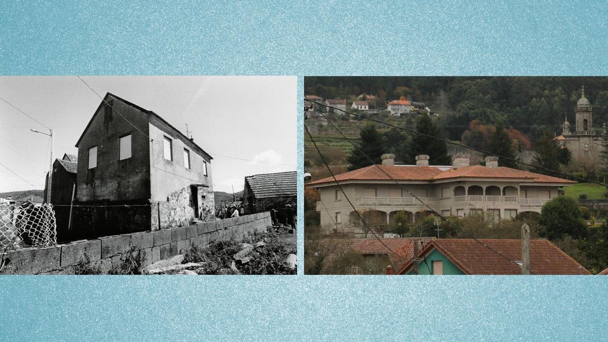 A la izquierda, la vivienda de los Montes Fernández antes de ganar la lotería en la aldea de Asnelle de Arriba, y a la derecha, la mansión en la que residen actualmente, en la parroquia de Reboreda.