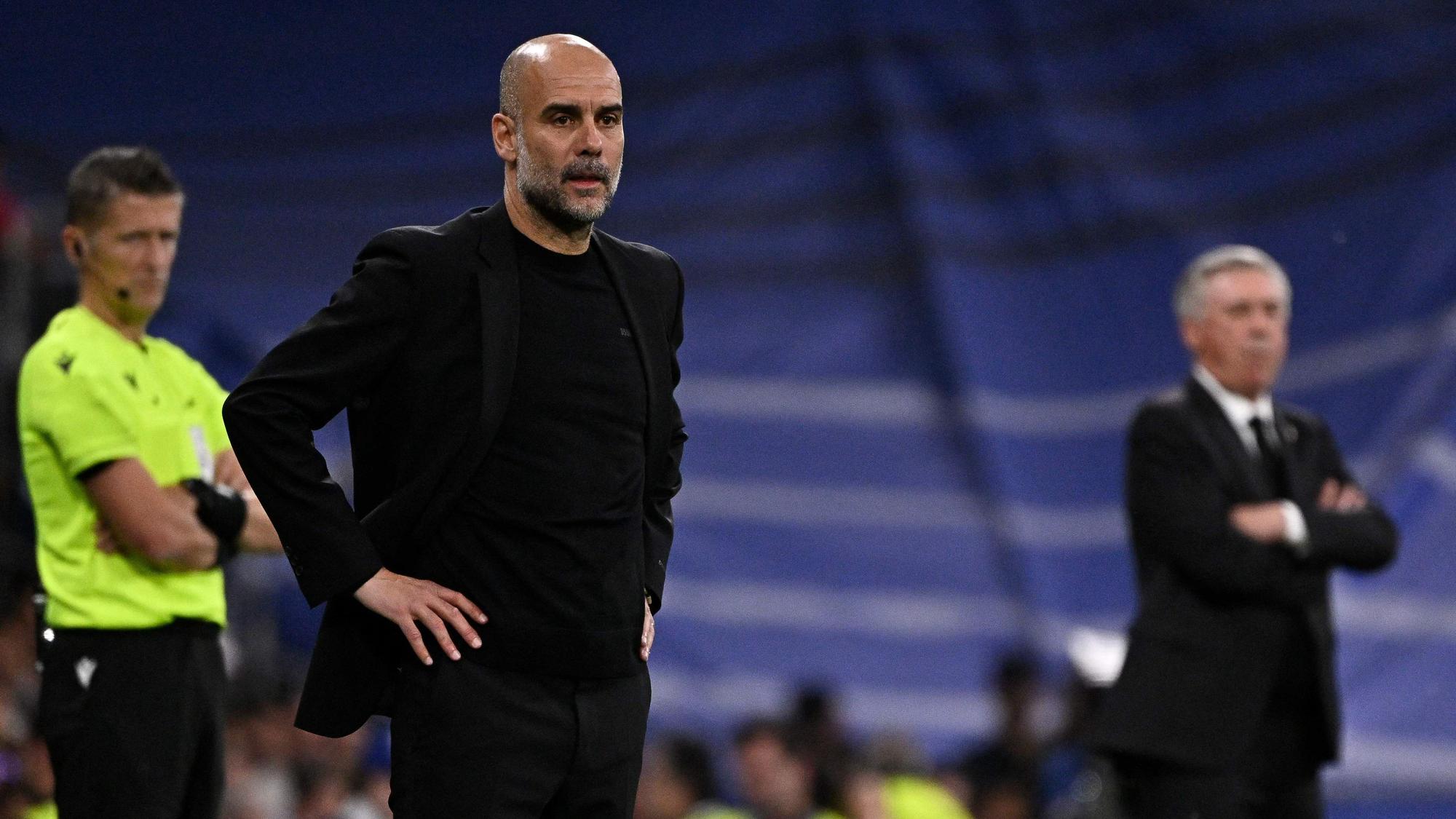 Guardiola y Ancelotti durante el Madrid-City en el Bernabéu.