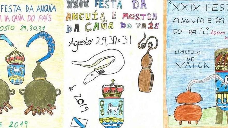 De izquierda a derecha, los tres primeros clasificados en el concurso de carteles de la fiesta de la caña, en Valga. // FdV