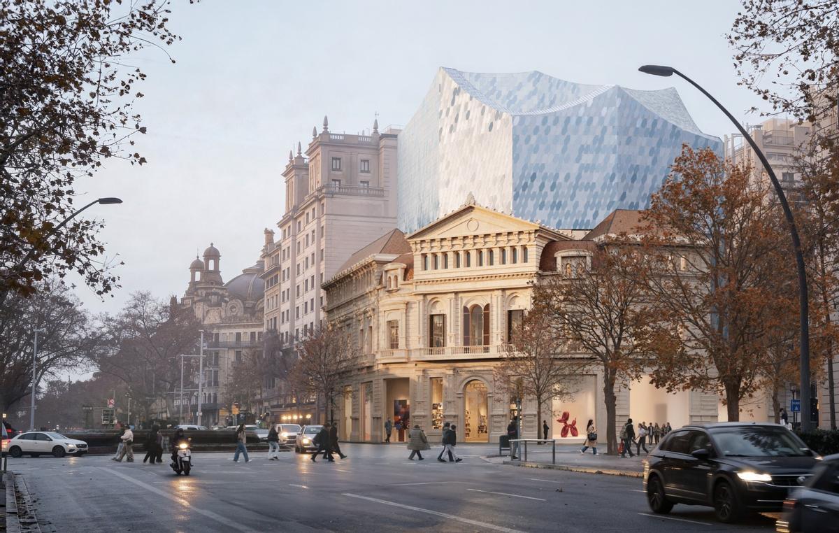 La proyecto para el museo Thyssen de Barcelona, con la volumetría añadida fuera de la línea de la fachada.