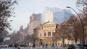 La versión corregida del proyecto, con la volumetría añadida fuera de la línea de la fachada.