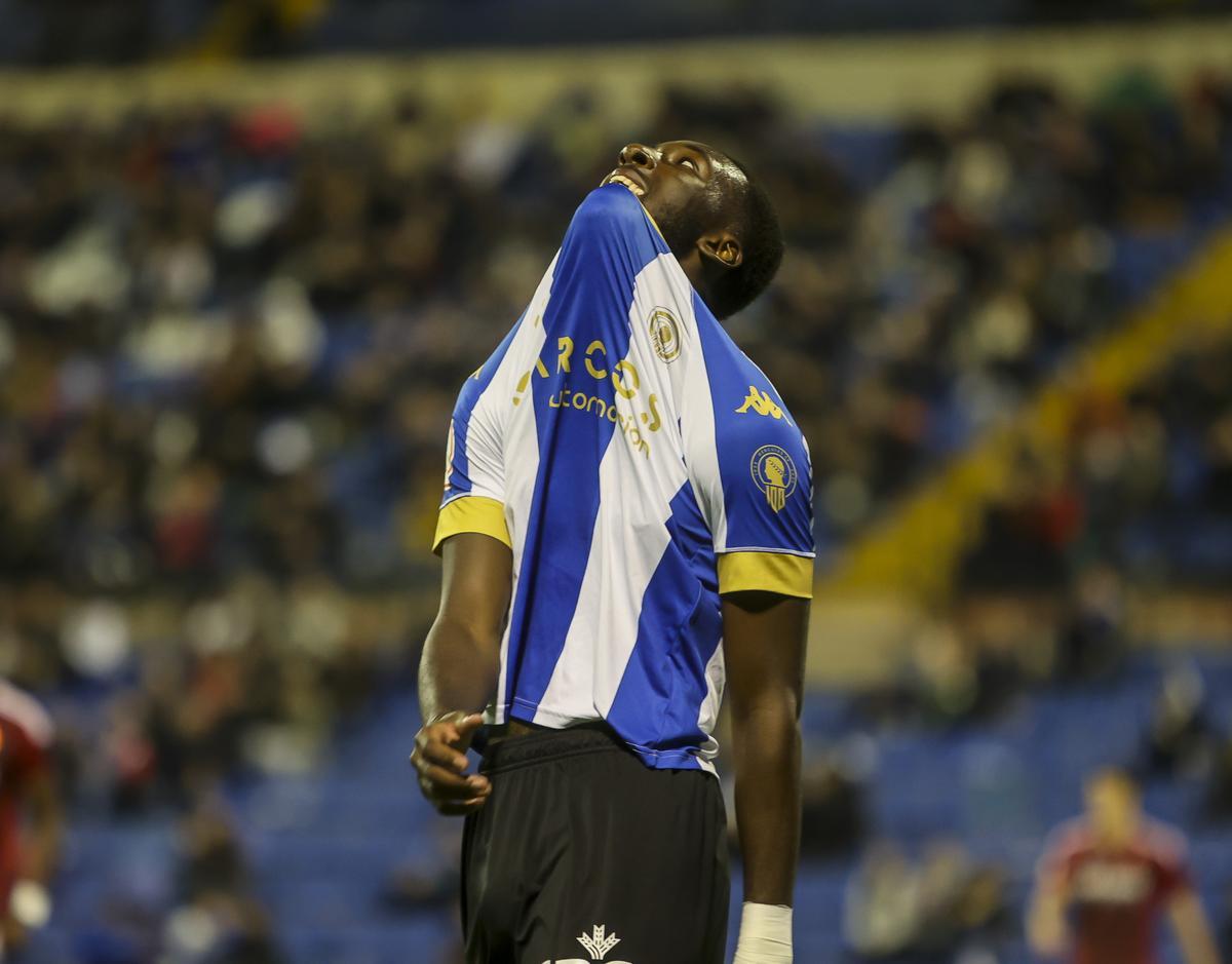 Jean Paul N'Djoli lamenta una ocasión fallada en un partido de Liga con el Hércules.