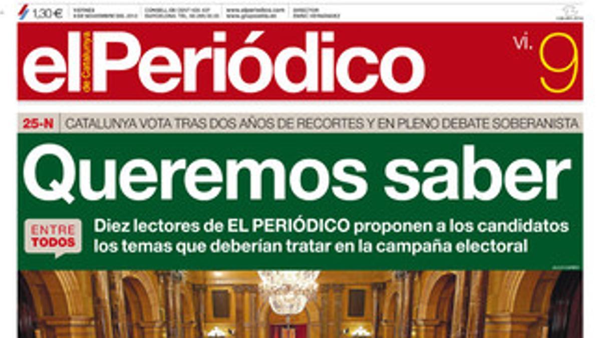 La portada de EL PERIÓDICO (9-11-2012).