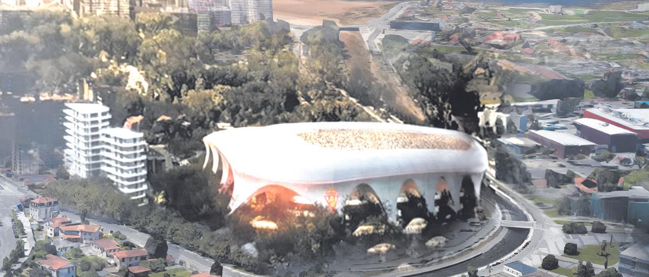 cuatro veces a la deriva Desbordamiento El Molinón de Orlegi es un estadio de élite, blanco, con formas onduladas y  rodeado de zona verde - La Nueva España