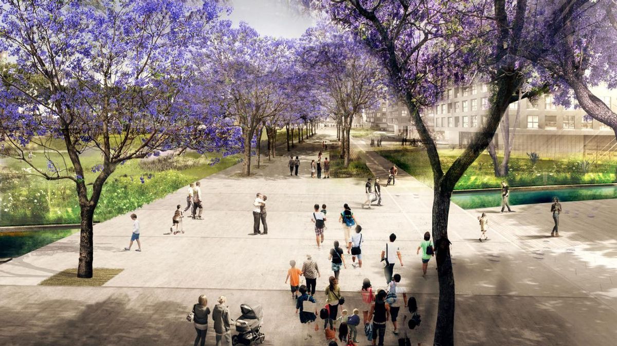 Recreación virtual del parque de Glòries con una evocación del Rec Comtal descartada