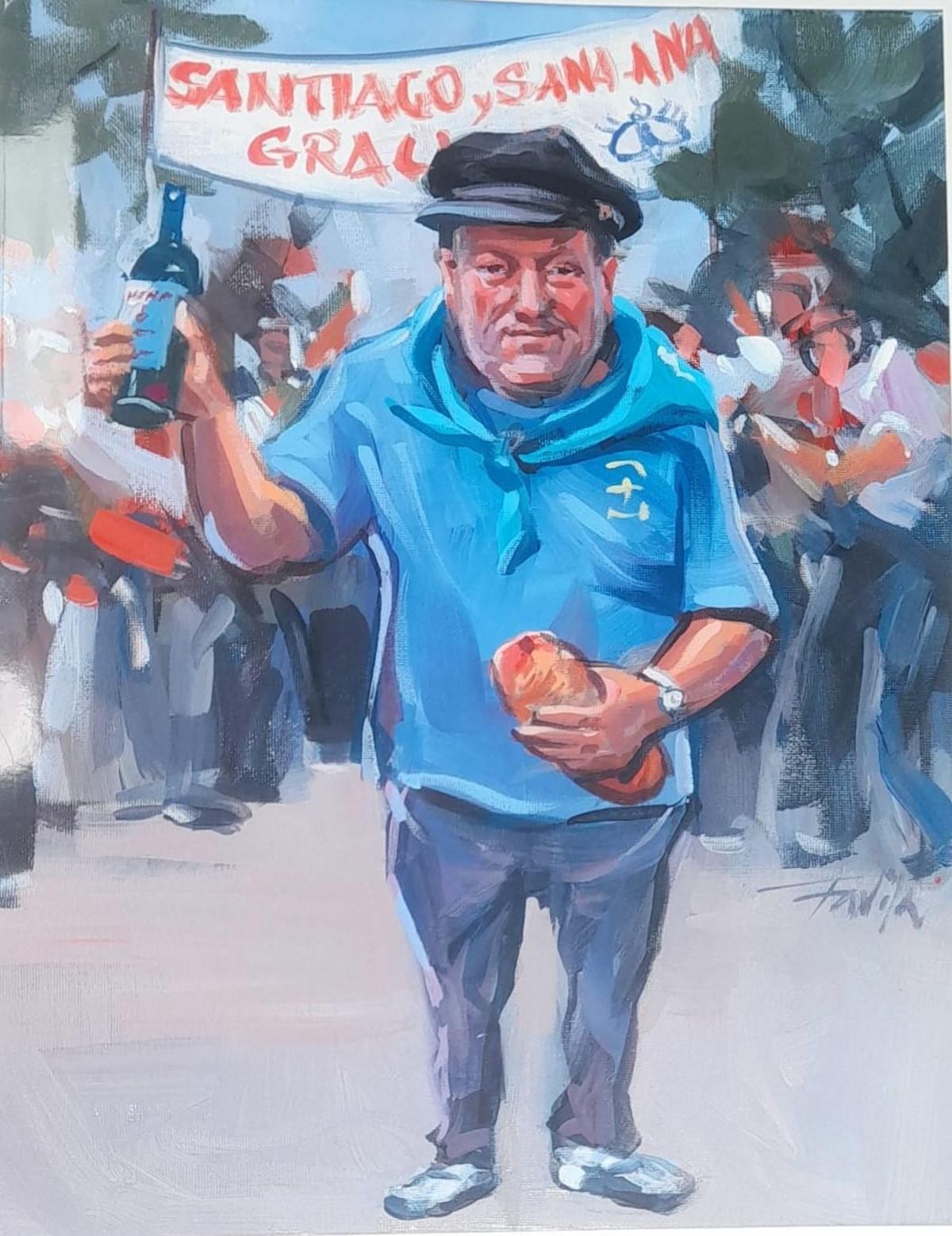La obra de Favila que homenajea a José Manuel Álvarez en la portada del porfolio de la Hermandad.