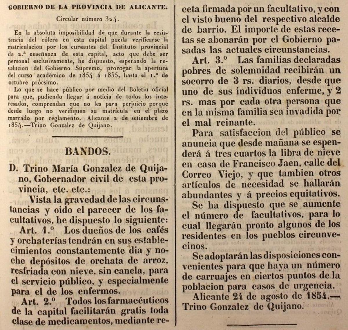 Bando del 24 de agosto de 1854 con algunas de las medidas de Quijano para luchar contra el cólera en Alicante.