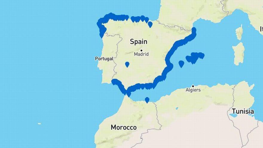 Mapa de las playas con bandera azul en España en el 2017