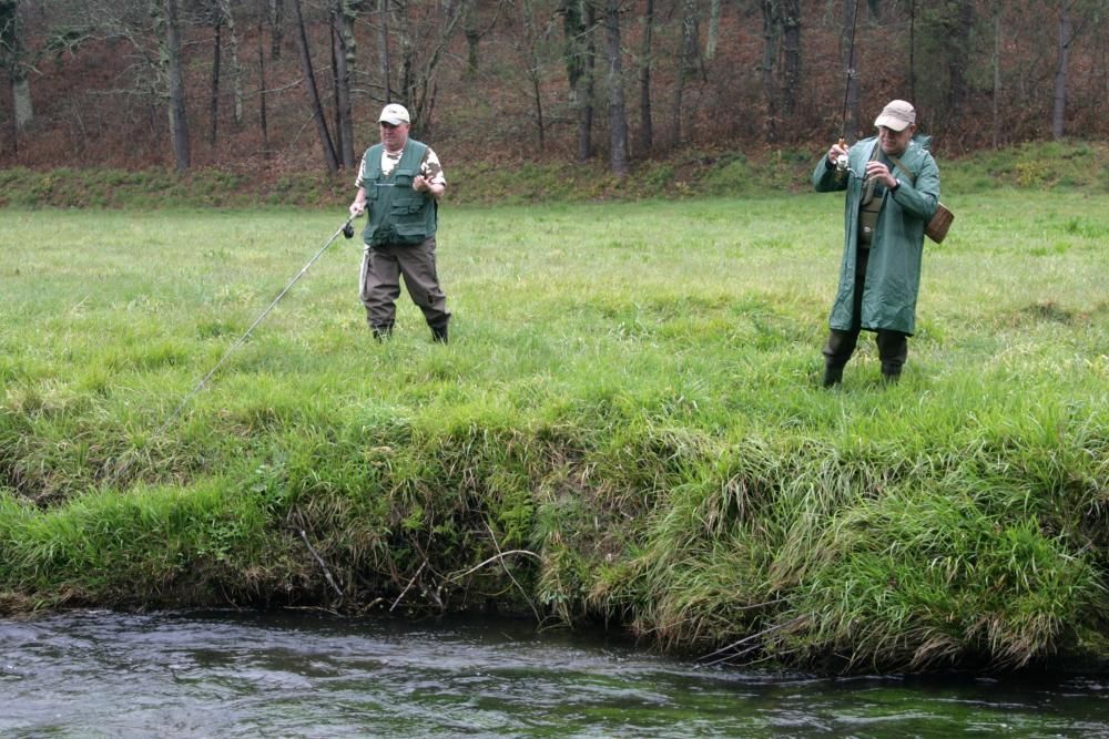 Pescadores tentando las truchas en un río de A Estrada