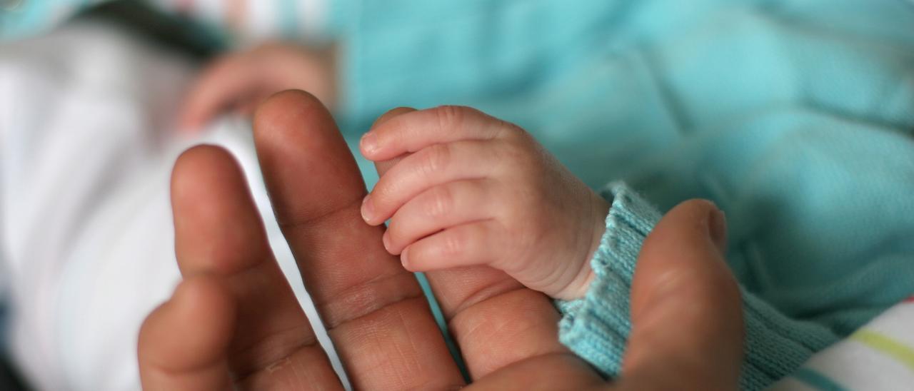 La mano de un bebé, apoyada en un dedo de su padre.
