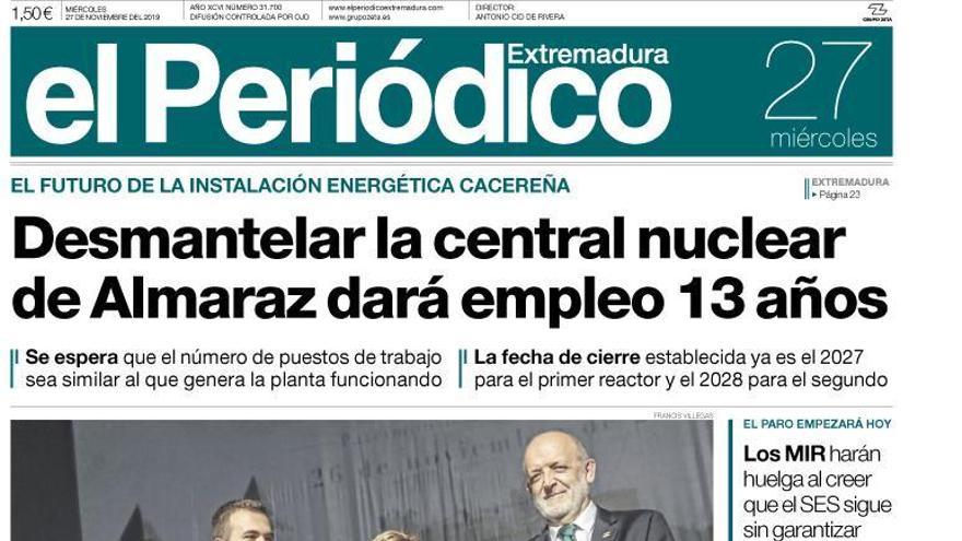 Esta es la portada de EL PERIÓDICO EXTREMADURA correspondiente al día 27 de noviembre del 2019