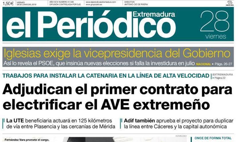 Esta es la portada de EL PERIÓDICO EXTREMADURA correspondiente al día 28 de junio del 2019