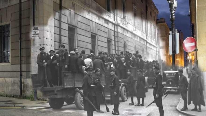 Una de las imágenes de la exposición, con el Antiguo Instituto en la esquina de Jovellanos y la calle Begoña.