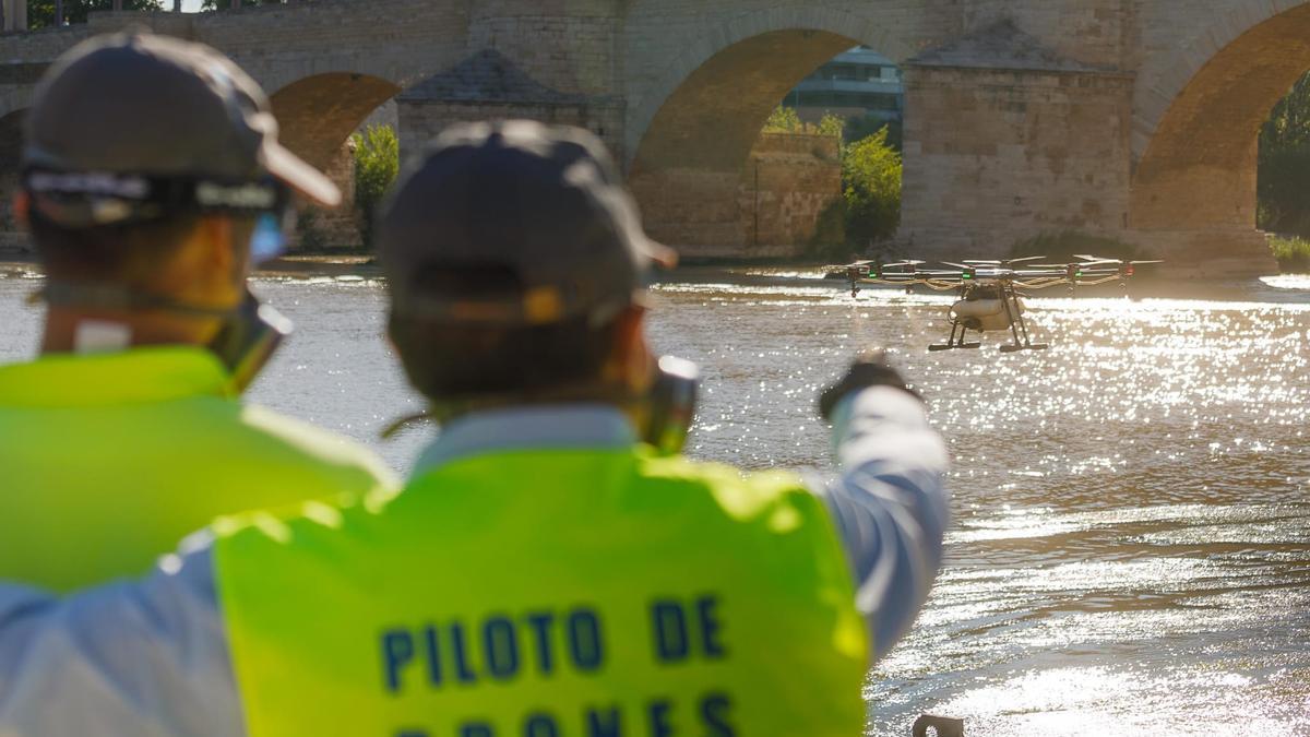 El dron, sobrevolando el Ebro mientras dispersa el insecticida  este jueves por la mañana.