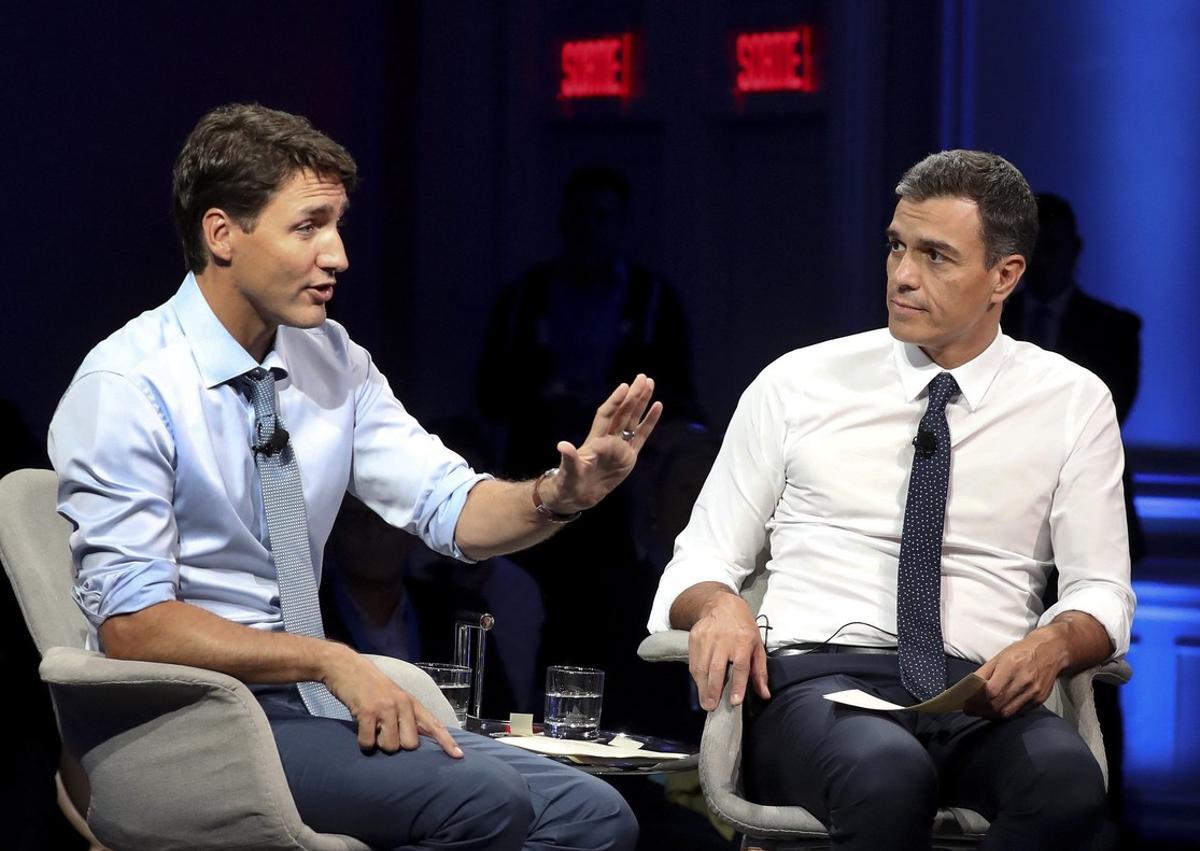 GRAF947. MONTREAL (CANADÁ), 23/09/2018.- El presidente del Gobierno español, Pedro Sánchez, y el primer ministro canadiense, Justin Trudeau (i), durante su participación en el Global Progressive Forum celebrado hoy en el hotel Ritz Carlton de Montreal, en Canadá. EFE/Ballesteros GRAF947. MONTREAL (CANADÁ), 23/09/2018.- El presidente del Gobierno español, Pedro Sánchez, y el primer ministro canadiense, Justin Trudeau (i), durante su participación en el Global Progressive Forum celebrado hoy en el hotel Ritz Carlton de Montreal, en Canadá. EFE/Ballesteros