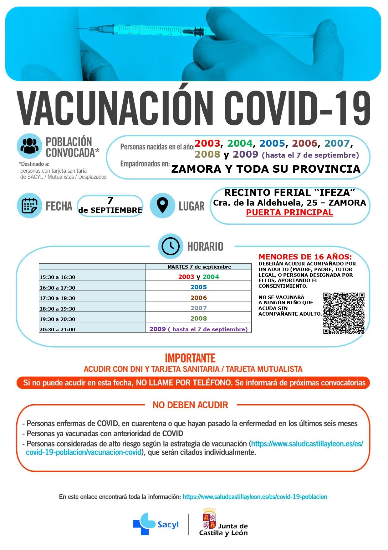 Calendario de vacunación en Zamora para el 7 de septiembre.