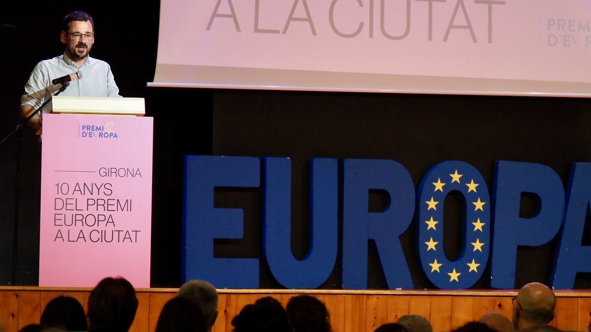 L’alcalde de Girona, Lluc Salellas, durant l’acte de commemoració dels 10 anys del Premi d’Europa.