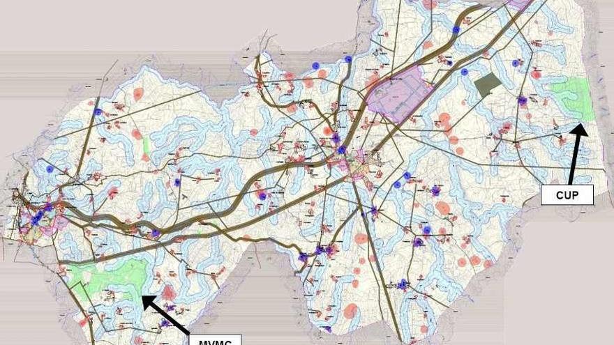 Propuesta de modificación urbanística. El cambio suprime el suelo rústico de protección paisajística y de protección agropecuaria. En el nuevo mapa estas categorías quedan englobadas en la de rústico de protección ordinaria (en color crema), que limita las restricciones y abre la puerta a más actividades incluidas en el sector primario. El suelo rústico de protección forestal, en verde claro, recoge el Monte Vecinal en Mano Común (MVMC) Cheira y el monte Cova da Serpe, incluido en el Catálogo de Utilidad Pública (CUP).