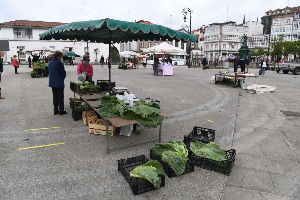 Una docena de vendedores de productos agroalimentarios de toda la comarca coruñesa acudieron a la plaza Irmáns García Naveira de Betanzos en el primer mercado semanal desde el inicio del confinamiento