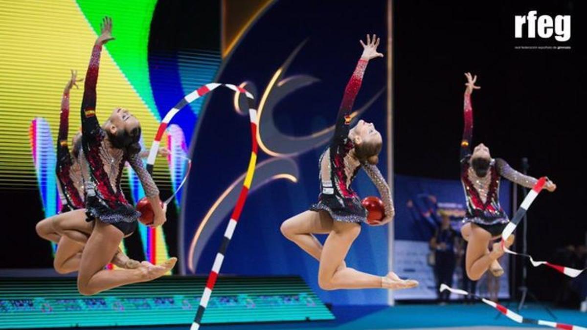 El equipo europeo de gimnasia rítmica, con Inés Bergua, durante la final.