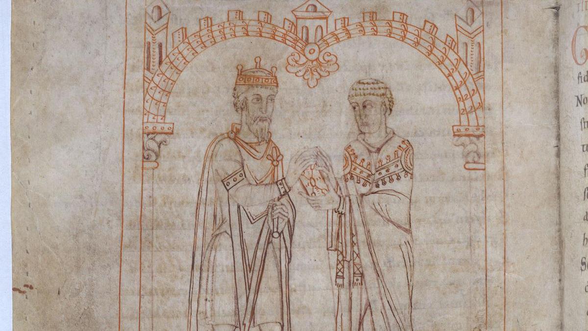 Martiño de Dumio con Miro, rei de Galicia, no libro &quot;Das catro virtudes&quot;. Biblioteca Nacional de Austria. 1100-1150.