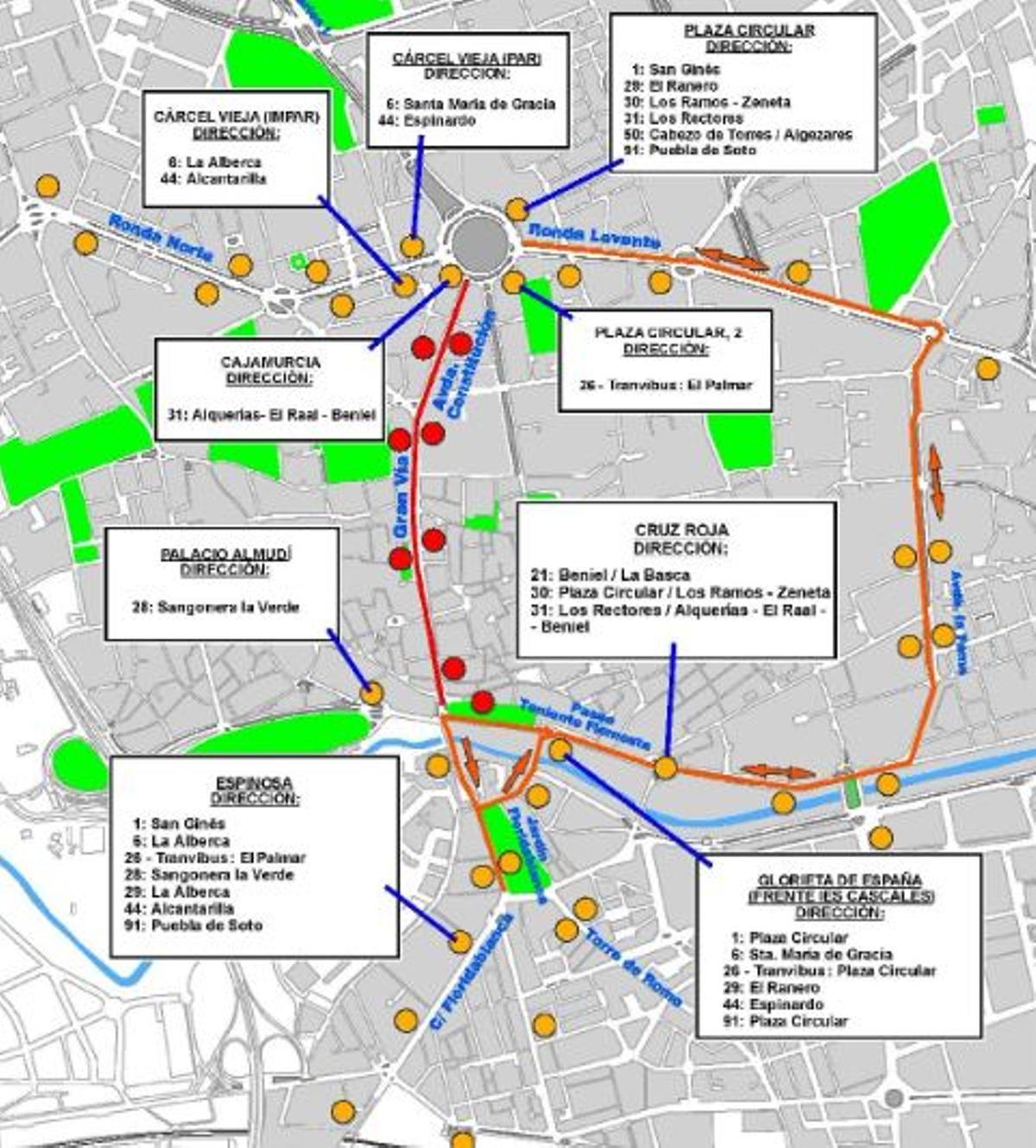 Mapa de Murcia con las modificaciones en las líneas de transporte público durante este Viernes de Dolores.