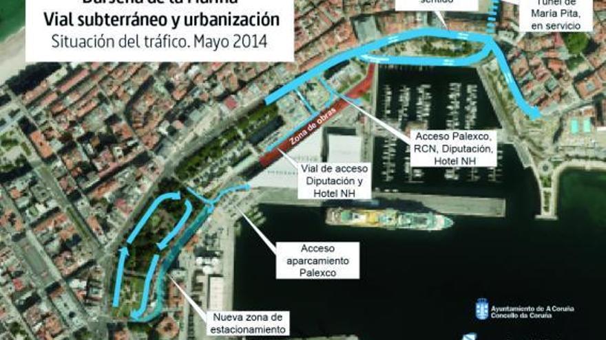 Imagen que indica la zona de obra, los accesos y los desvíos de tráfico en la Marina a partir de mañana. / loc