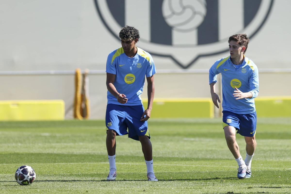 Lamine Yamal y Gavi, en el entrenamiento del martes.