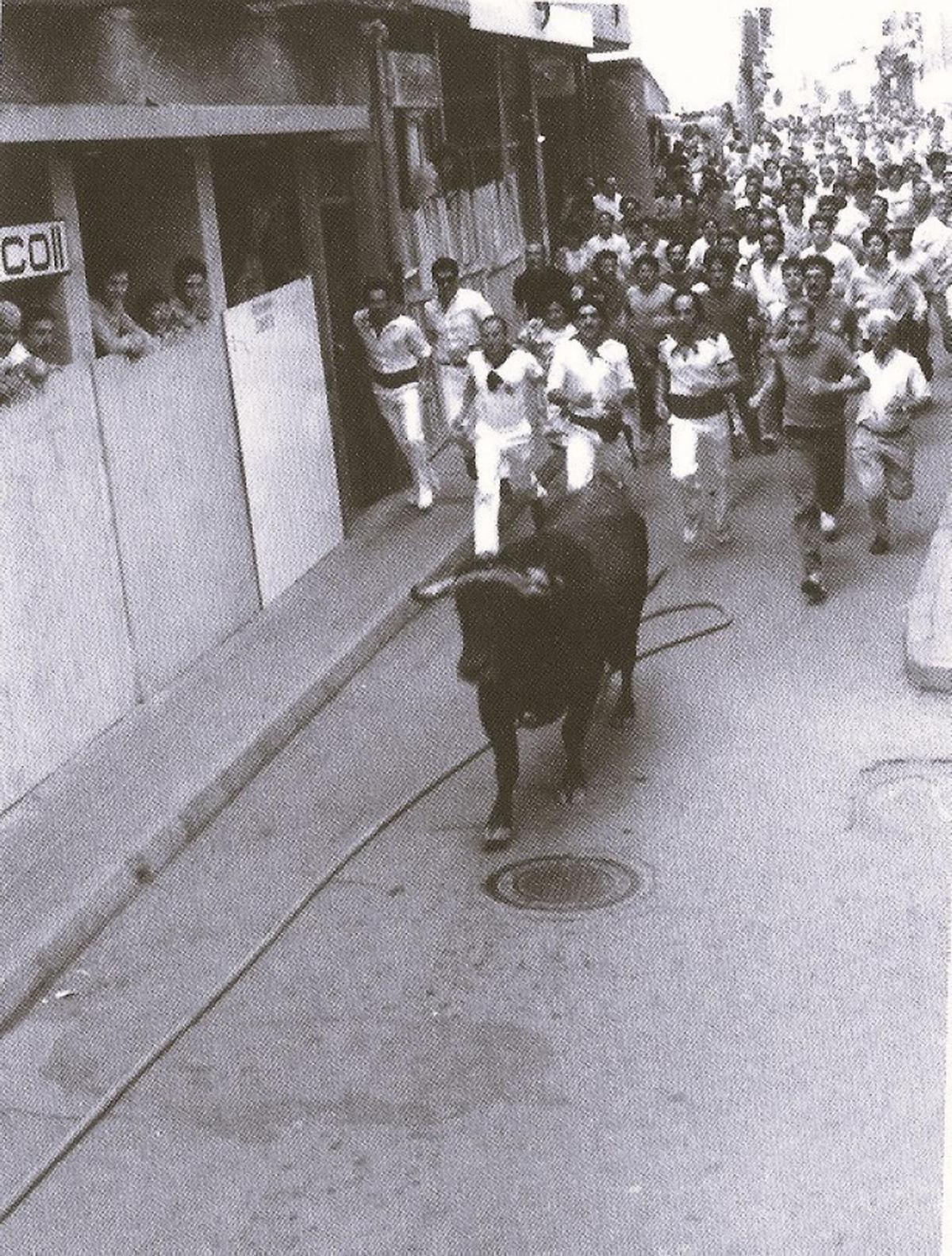 Toro a su paso por la calle Herreros, dirección Santa María en los años 80.