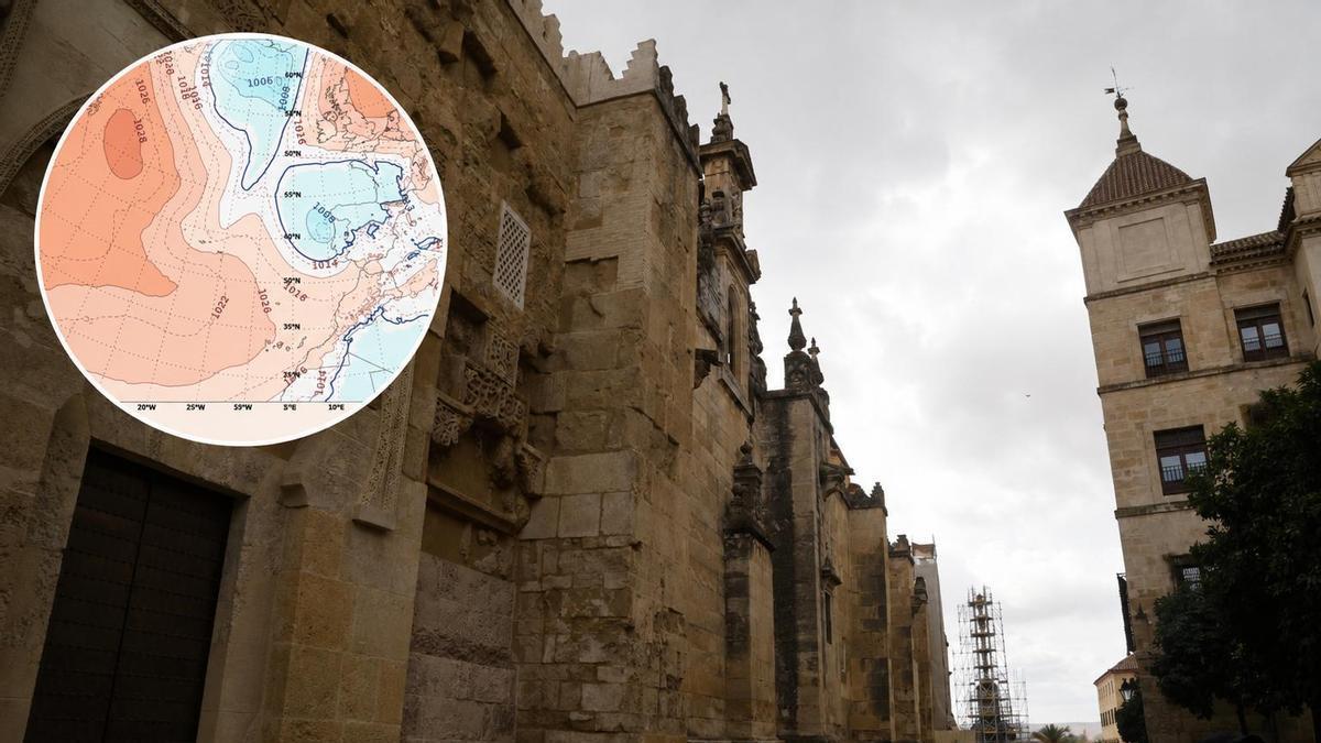 En la imagen grande, turistas caminan bajo el cielo nublado junto a la Mezquita Catedral. En el círculo, temperaturas más bajas por la llegada de una borrasca.