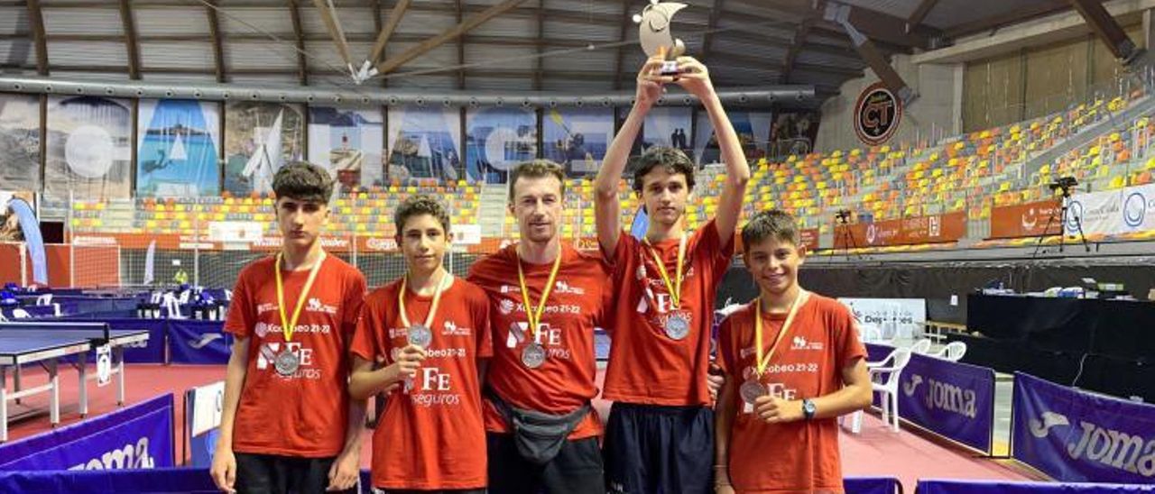 El equipo infantil con su entrenador Sergyi Nigeruk y su compatriota ucraniano alzando el trofeo. | // FDV