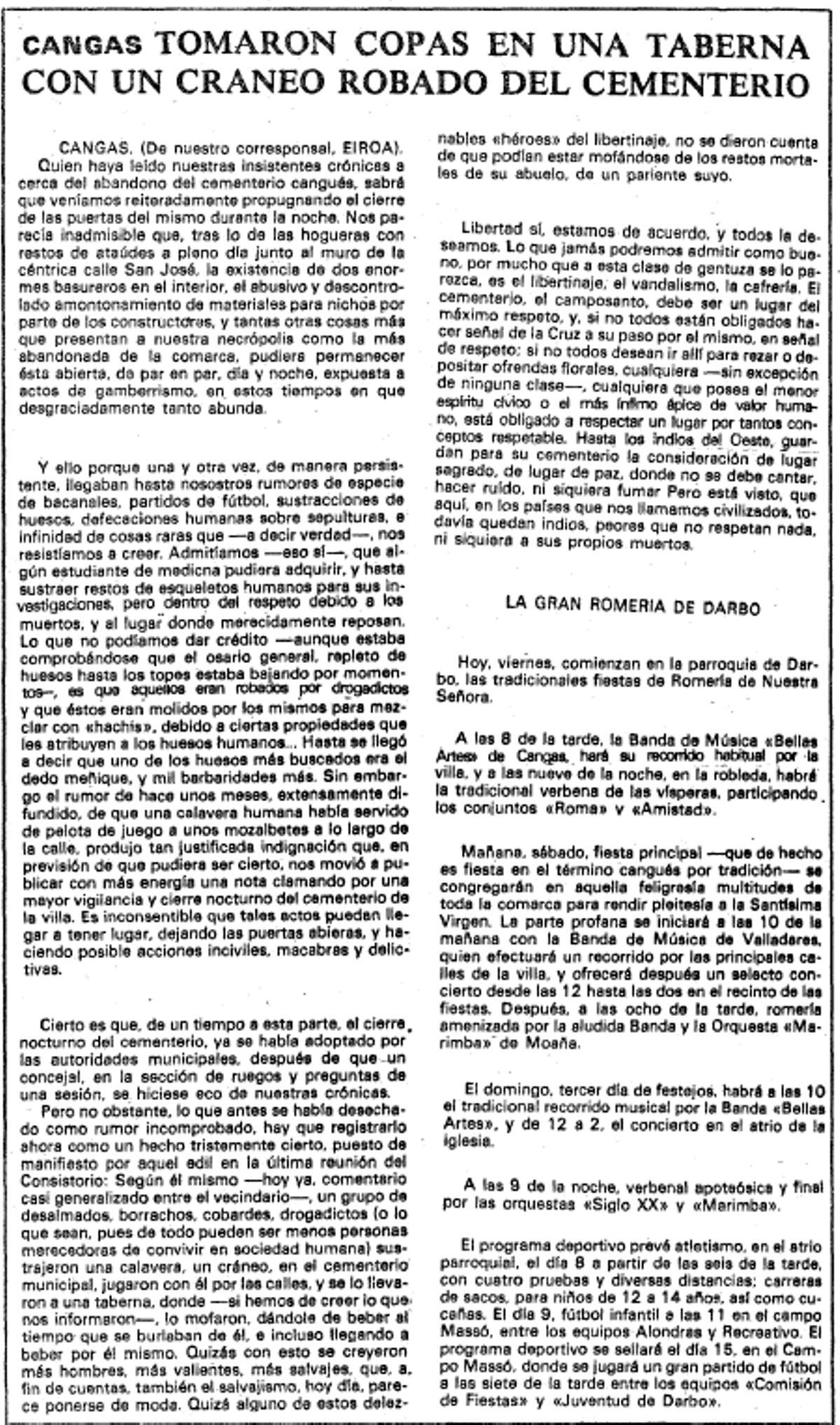 Noticia publicada en la página 23 de FARO DE VIGO el 7 de septiembre de 1979.