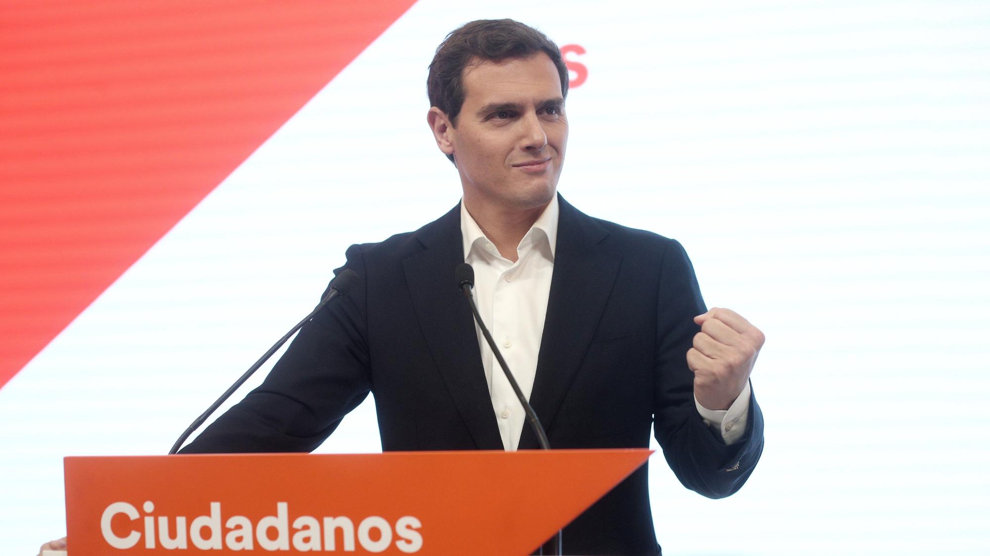 El expresidente de Ciudadanos, Albert Rivera, en la comparecencia en la que anunció su dimisión.