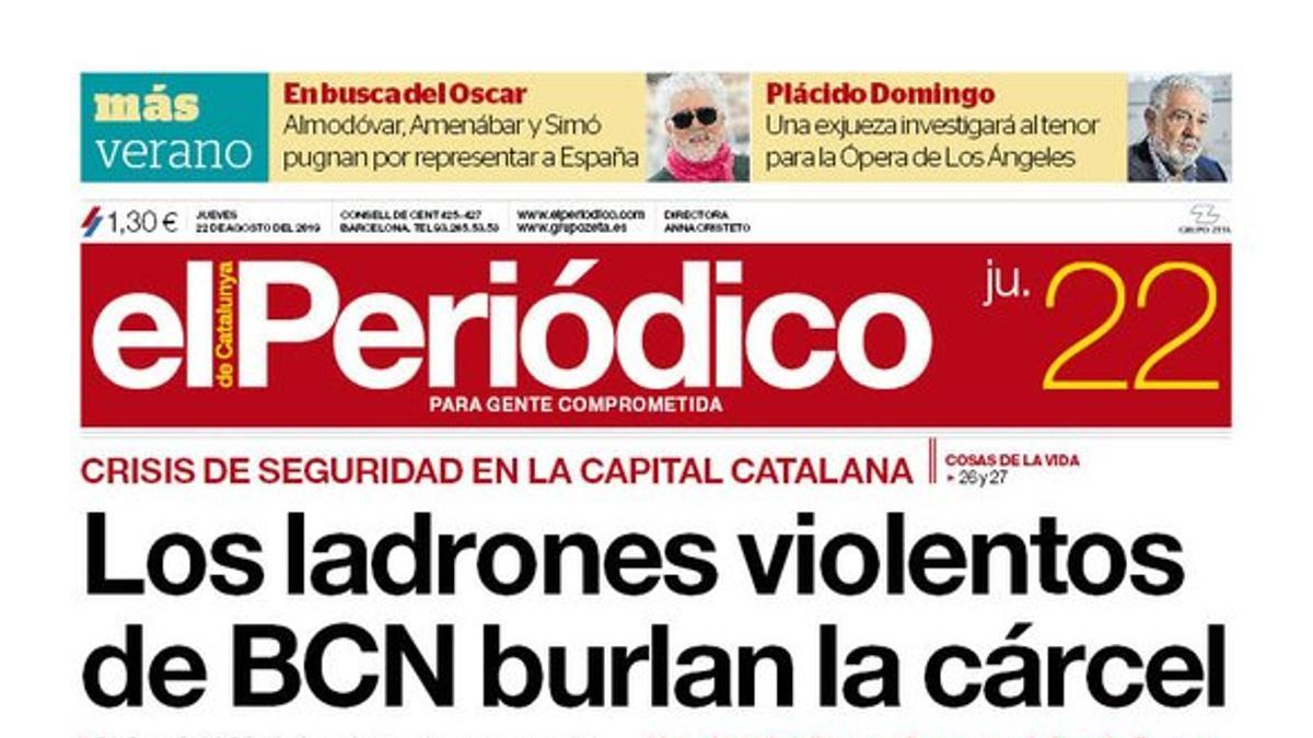 La portada de EL PERIÓDICO del 22 de agosto del 2019