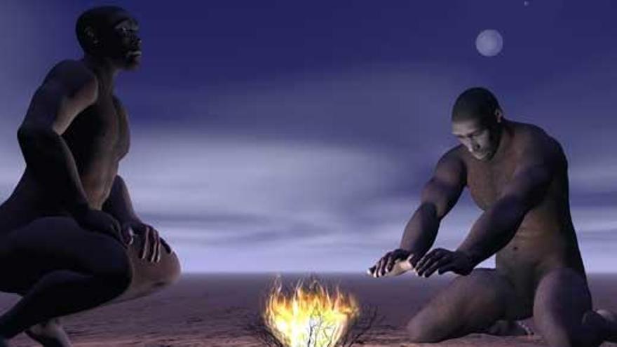 Ilustración que recrea el contacto del &#039;Homo Erectus&#039; con el fuego.