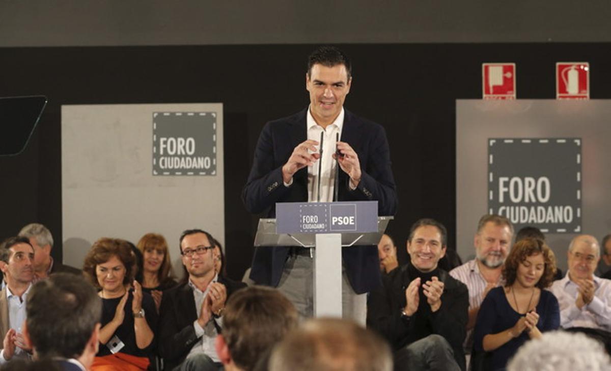 El secretari general del PSOE, Pedro Sánchez, durant la seva intervenció al Fòrum Ciutadà de Neteja i Qualitat Democràtica, avui a Madrid.