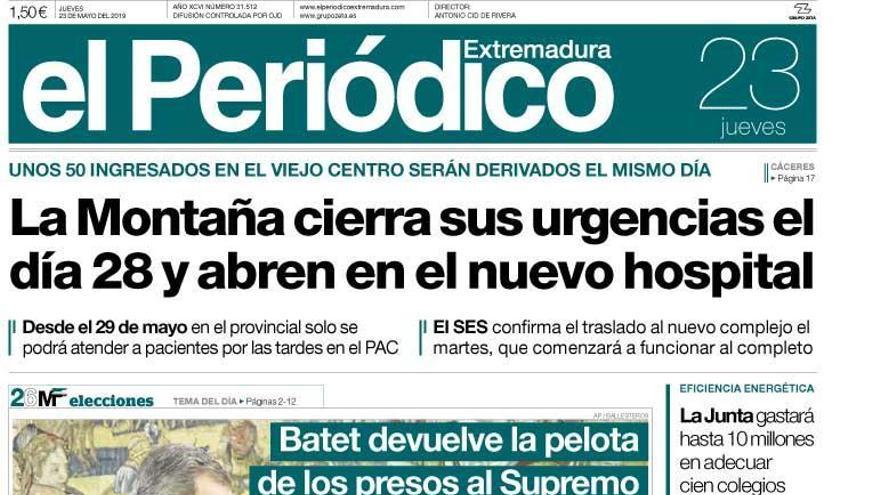 Esta es la portada de EL PERIÓDICO EXTREMADURA correspondiente al día 23 de mayo del 2019