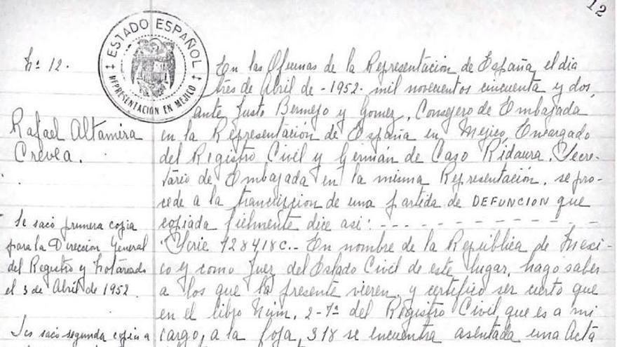 Certificado de defunción de Rafael Altamira, remitido por la Embajada de España en México