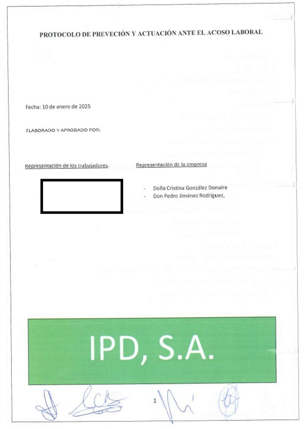 Protocolo de prevención de acoso laboral de IPD fechado a 10 de enero de 2025