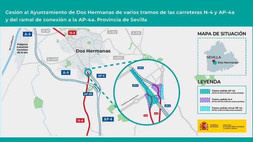 Mapa con las carreteras cedidas a Dos Hermanas. / Ministerio de Transportes y Movilidad Sostenible
