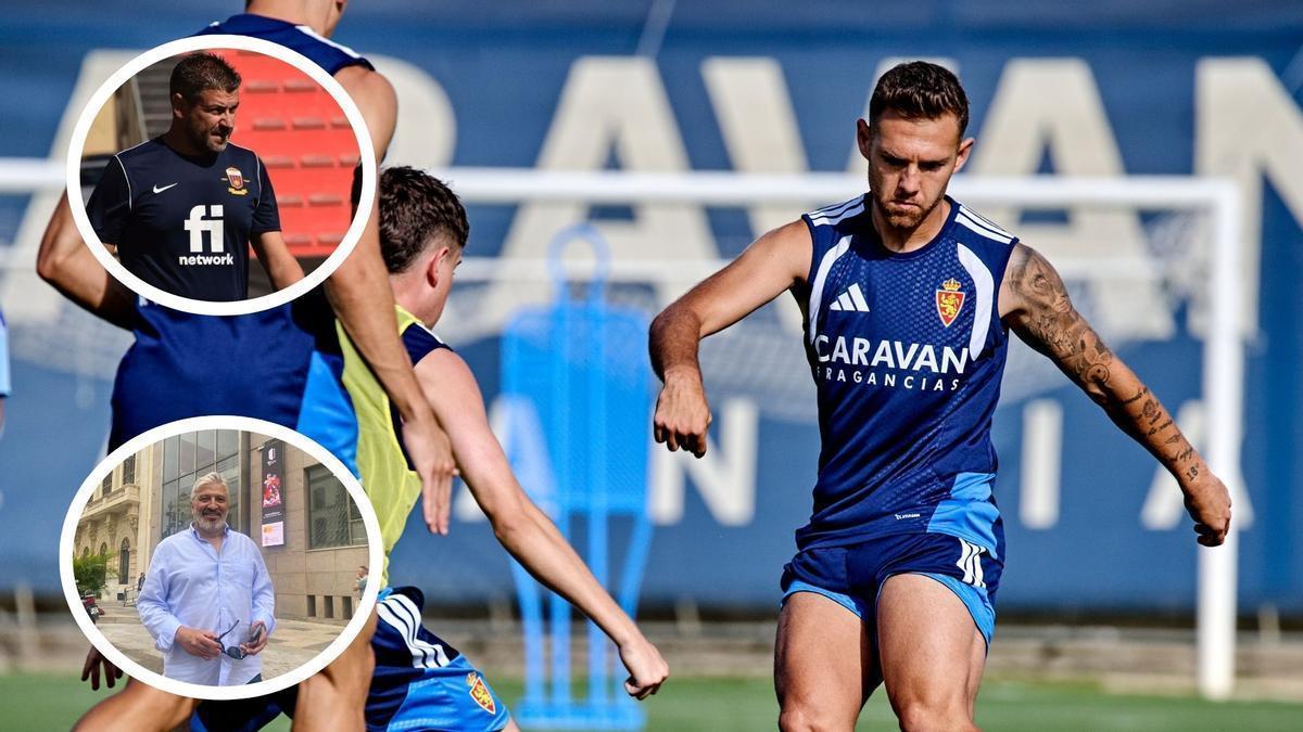 Diego González, en el entrenamiento de ayer martes, con Estévez y Nayim en los dos círculos.