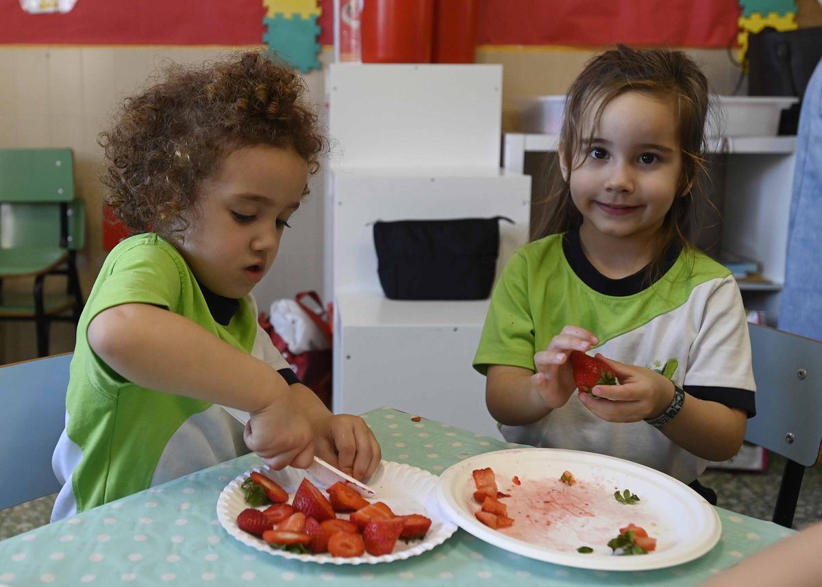 Los alumnos del Carmelitas cortando fresas.