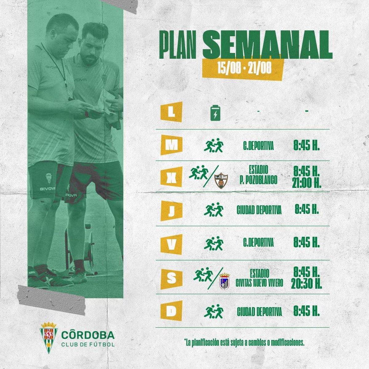 El plan de trabajo del Córdoba CF para su última semana de pretemporada.