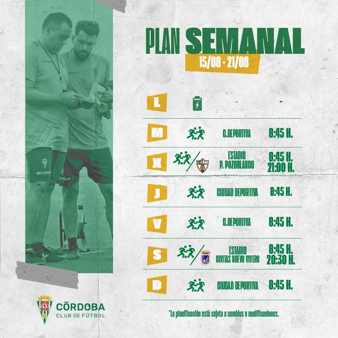 El plan de trabajo del Córdoba CF para su última semana de pretemporada.