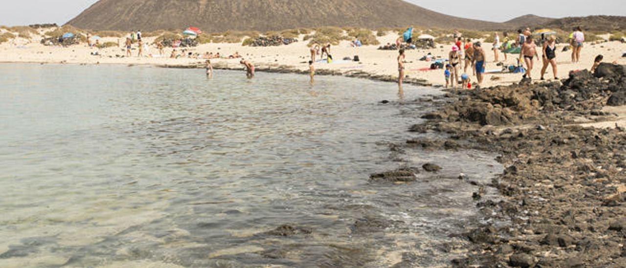 Bañistas ayer en el islote de Lobos, donde no se ha activado el dispositivo de socorristas este verano.