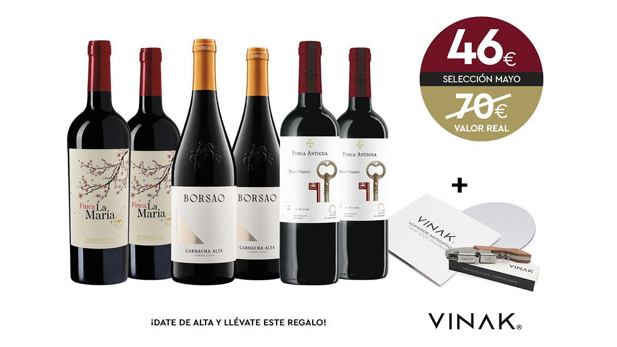 Seis botellas, envío gratuito y un regalo Vinak para quienes se den de alta en el Club de Vinos de Casa Gourmet.