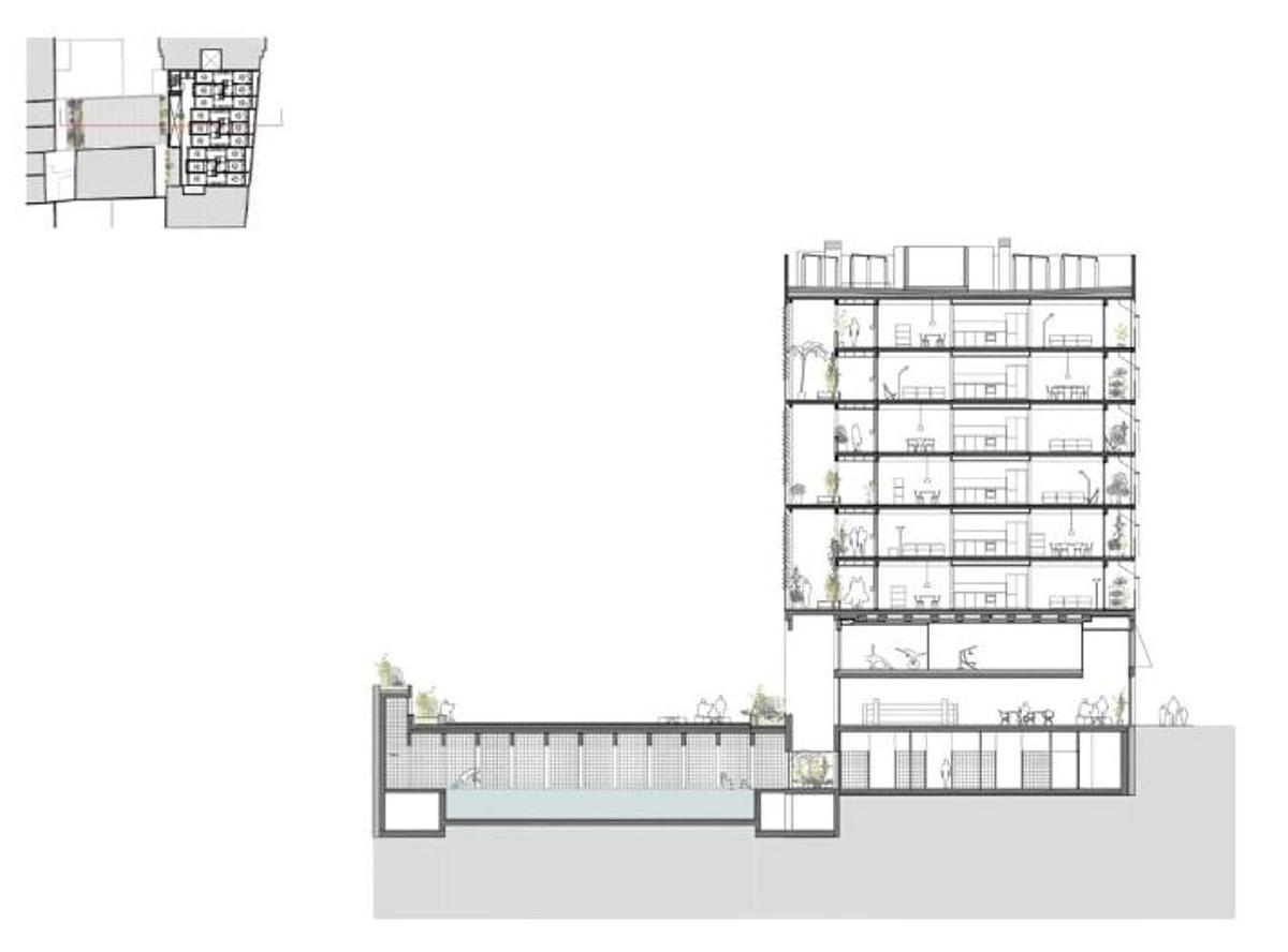 Plano del edificio de viviendas de Sant Pau, con el gimnasio en las plantas inferiores.